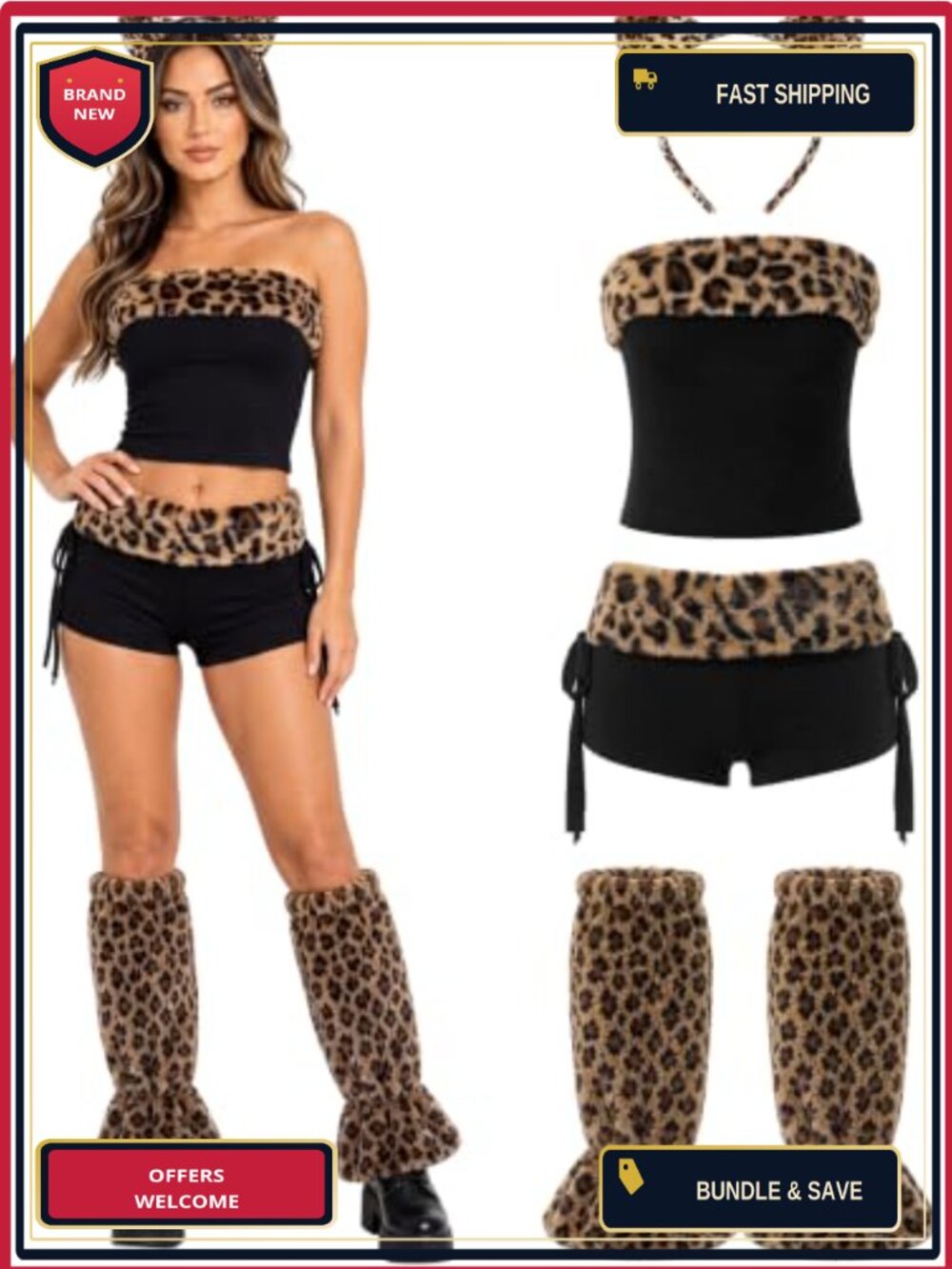 Y2K Leopard Club Outfit Set Ruched Tube Top Shorts Headband Leg Warmers